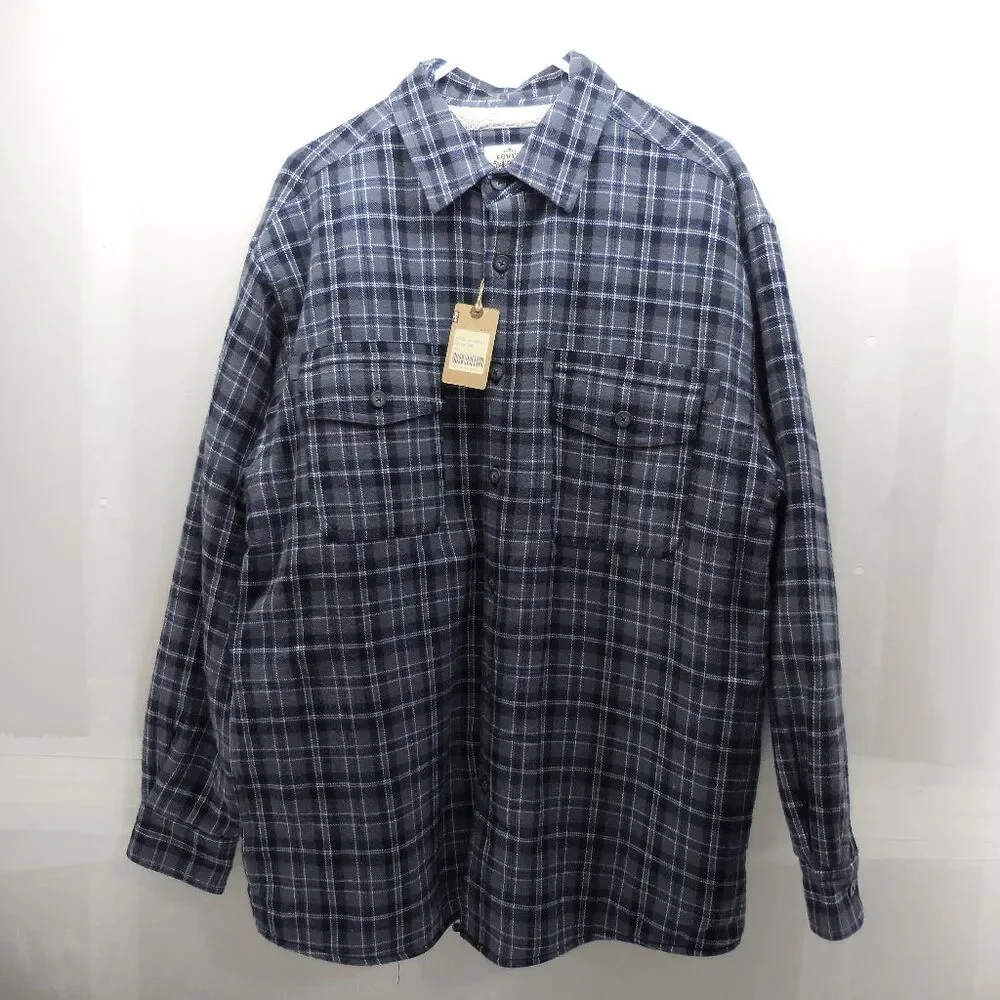 NEW Levi's Mens L Gray Blue Plaid Jacket Sherpa Lined Shacket Button Chore Coat - Picture 2 of 8